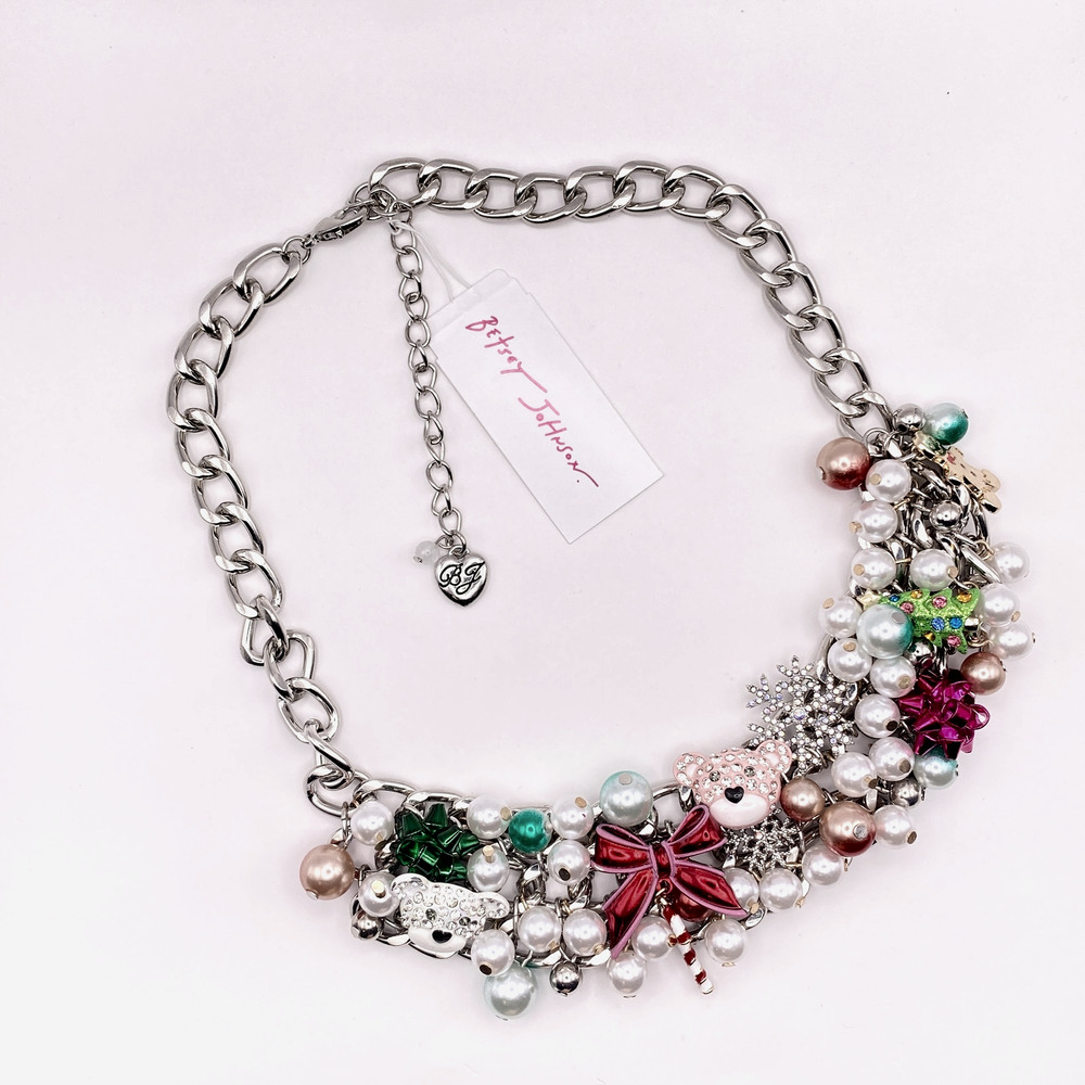 NWT BETSEY JOHNSON Holiday Baubles Bow Teddy Bear Bib Necklace Style# 1001085282